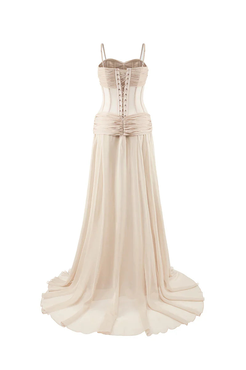 NUDE CORSET CHIFFON EXTRA LONG GOWN