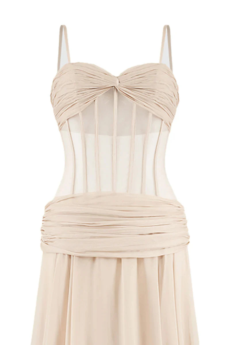 NUDE CORSET CHIFFON EXTRA LONG GOWN