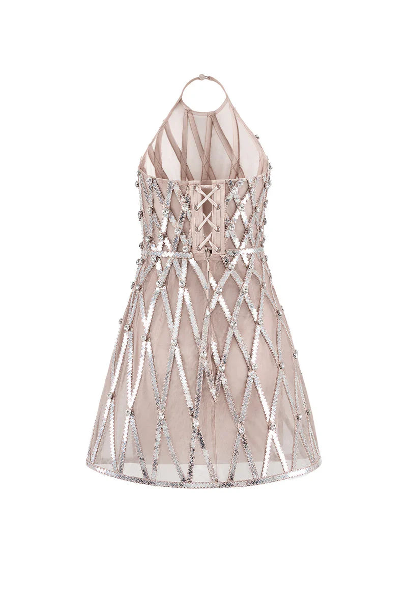 CREAM SHEER EMBELLISHMENT HALTER NECK MESH MINI DRESS