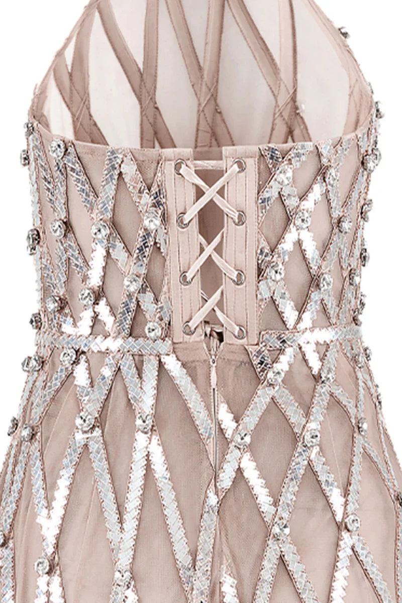 CREAM SHEER EMBELLISHMENT HALTER NECK MESH MINI DRESS