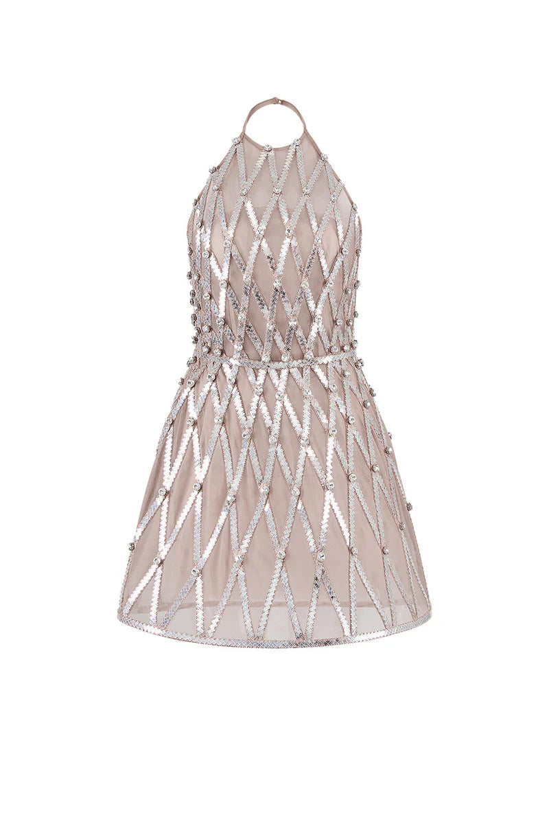 CREAM SHEER EMBELLISHMENT HALTER NECK MESH MINI DRESS