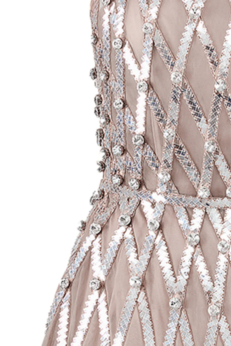 CREAM SHEER EMBELLISHMENT HALTER NECK MESH MINI DRESS
