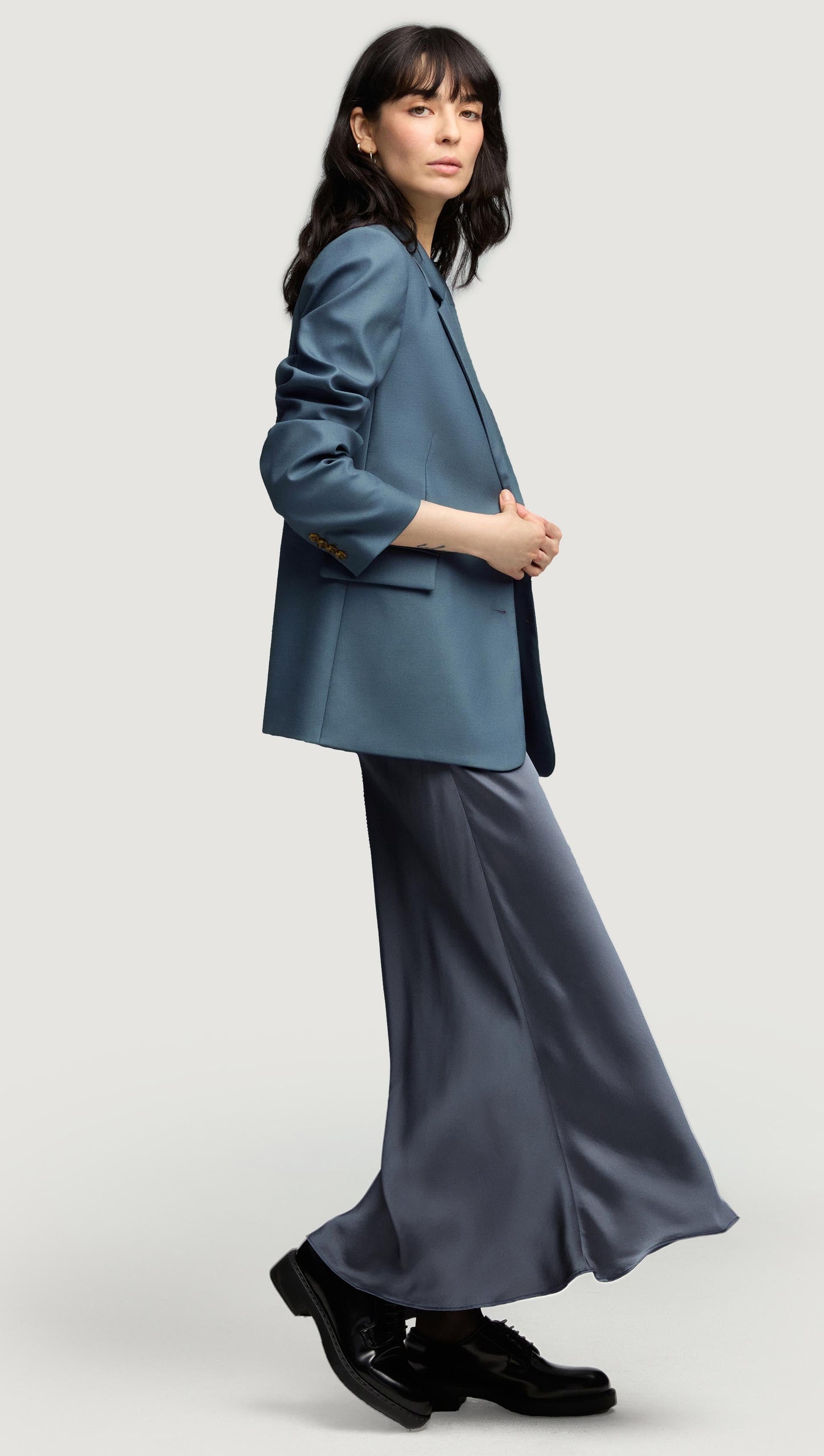 Bias Dress in Viscose Satin | Stone Blue