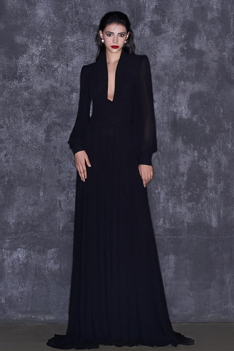PUFFED SLEEVES CORSET CHIFFON MAXI BLACK GOWN