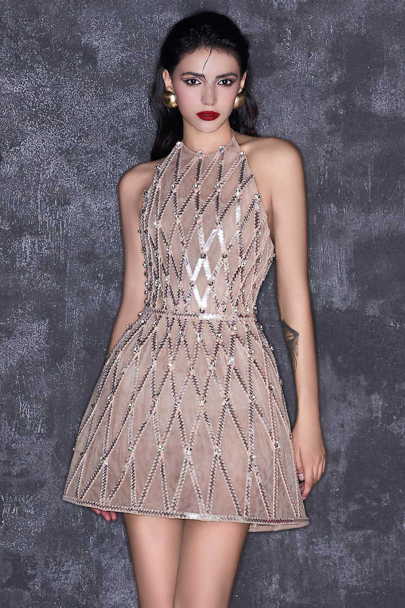 CREAM SHEER EMBELLISHMENT HALTER NECK MESH MINI DRESS