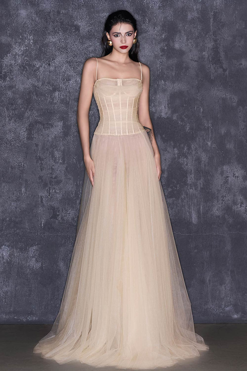 NUDE SHEER CORSET STRAP MESH FLOOR LENGTH GOWN