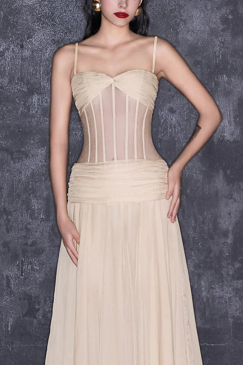 NUDE CORSET CHIFFON EXTRA LONG GOWN