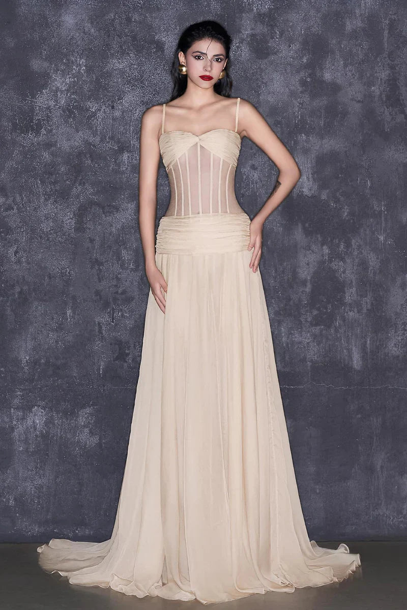 NUDE CORSET CHIFFON EXTRA LONG GOWN