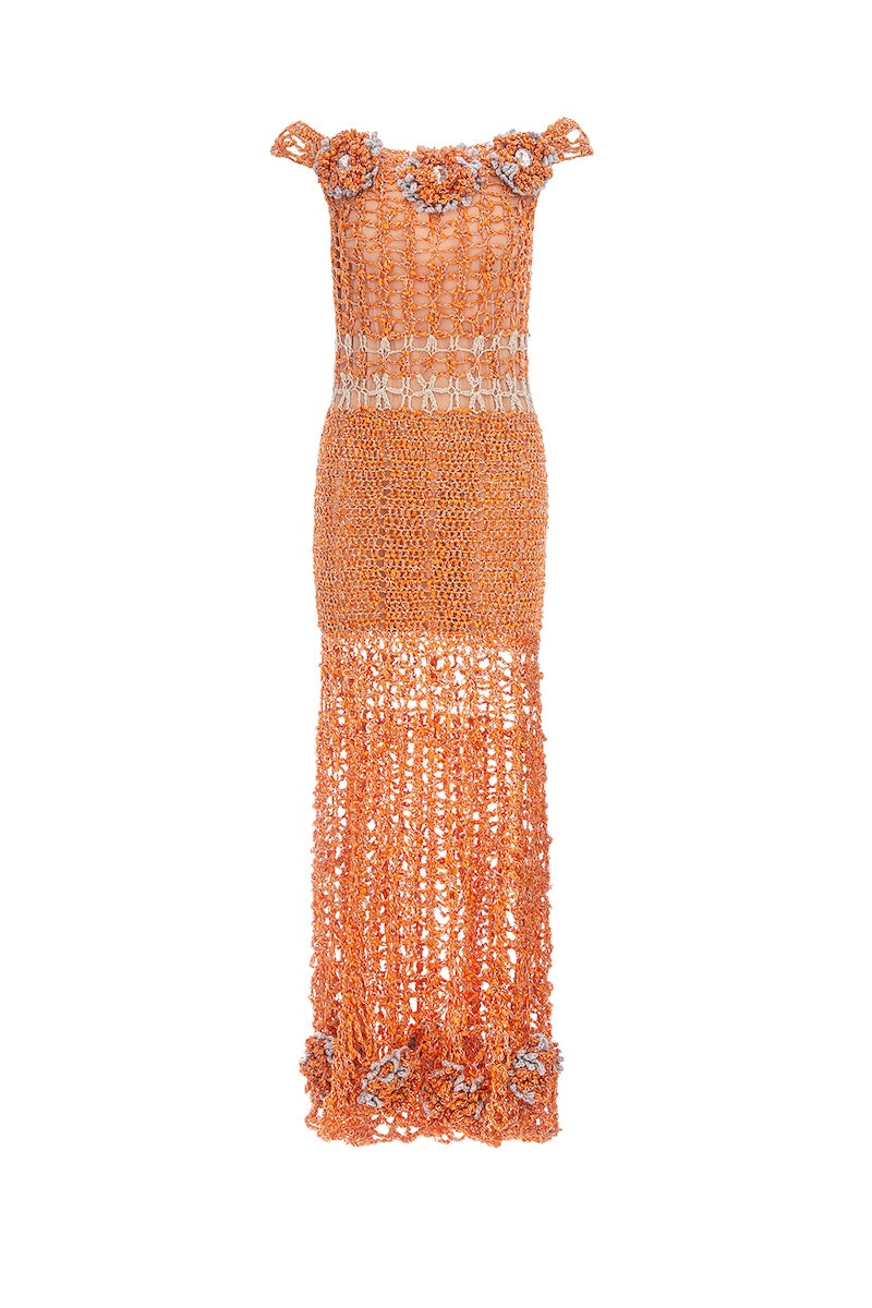 ORANGE CHRYSANTHEMUM HANDMADE MAXI CROCHET DRESS