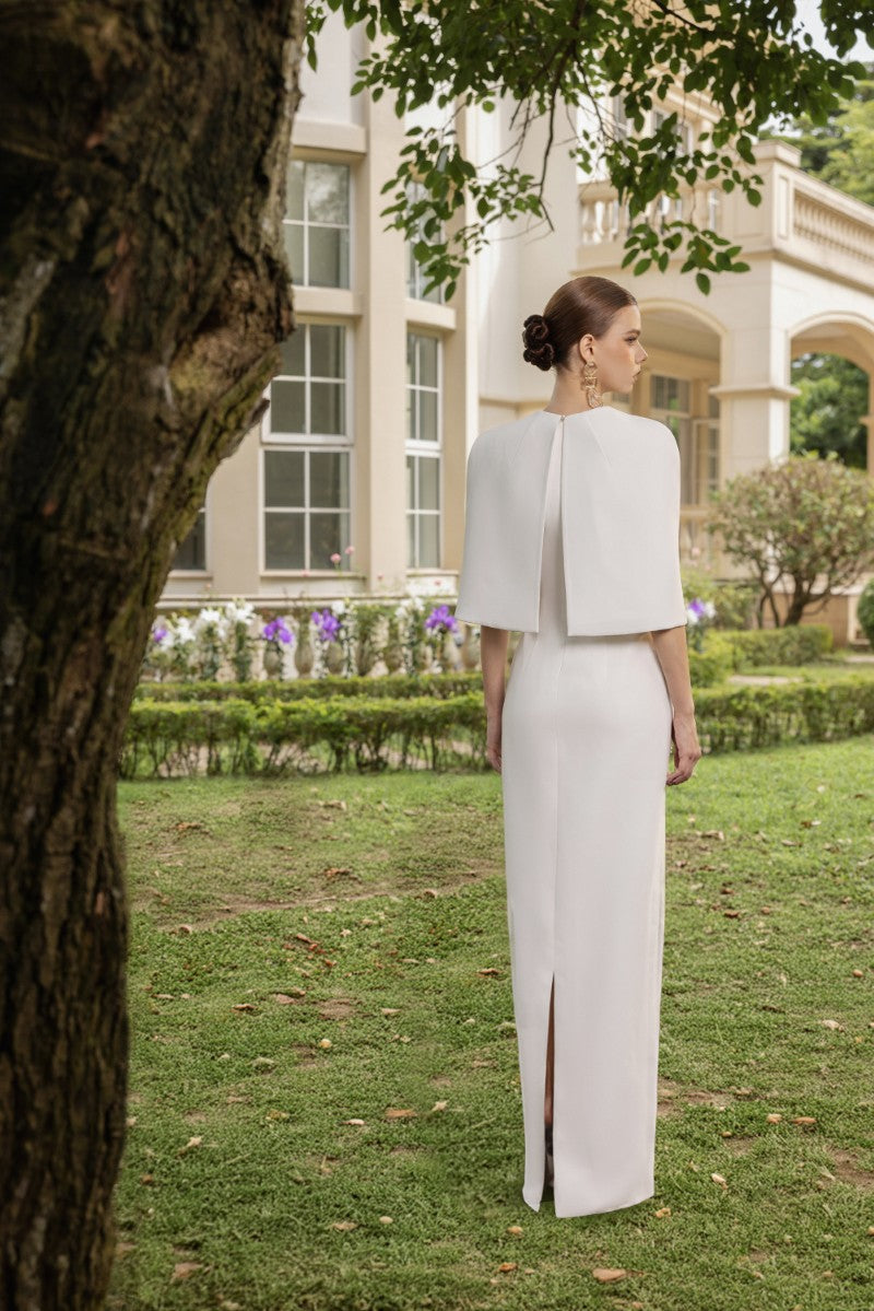 ROSALIE CREPE GOWN WITH LOUISE CAPE IN WHITE