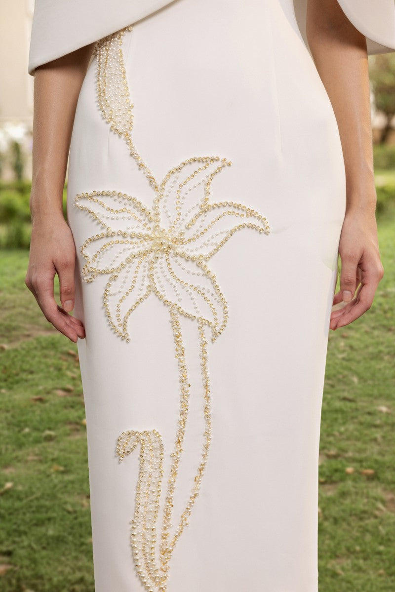 ROSALIE CREPE GOWN WITH LOUISE CAPE IN WHITE