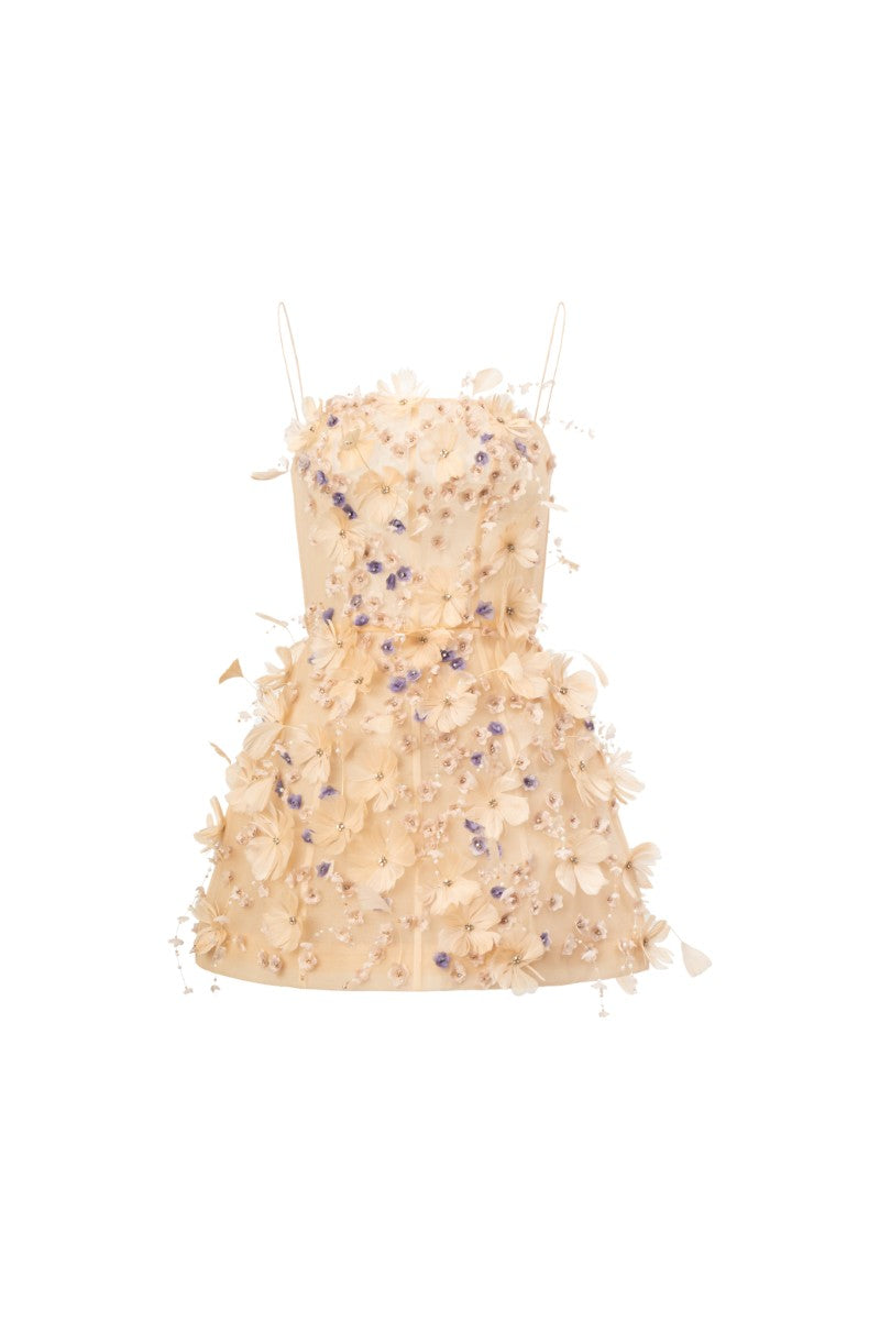 DULFINE TULLE FEATHER FLOWER DRESS IN BEIGE