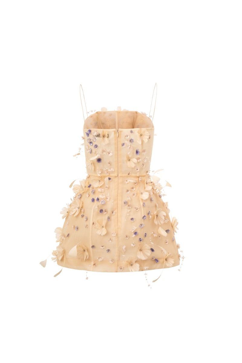 DULFINE TULLE FEATHER FLOWER DRESS IN BEIGE