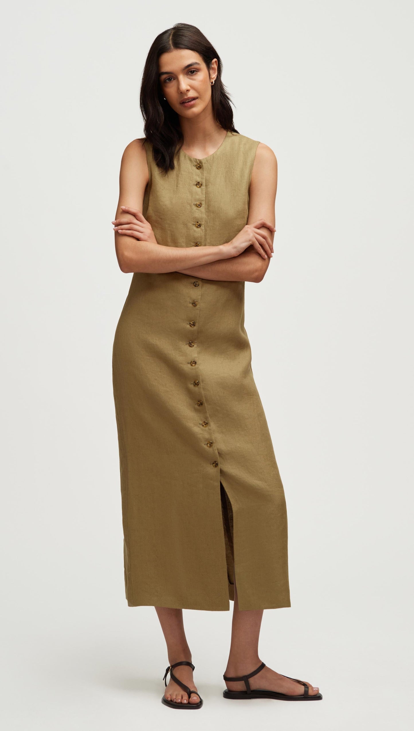Button Dress in Basket Weave Linen | Fern