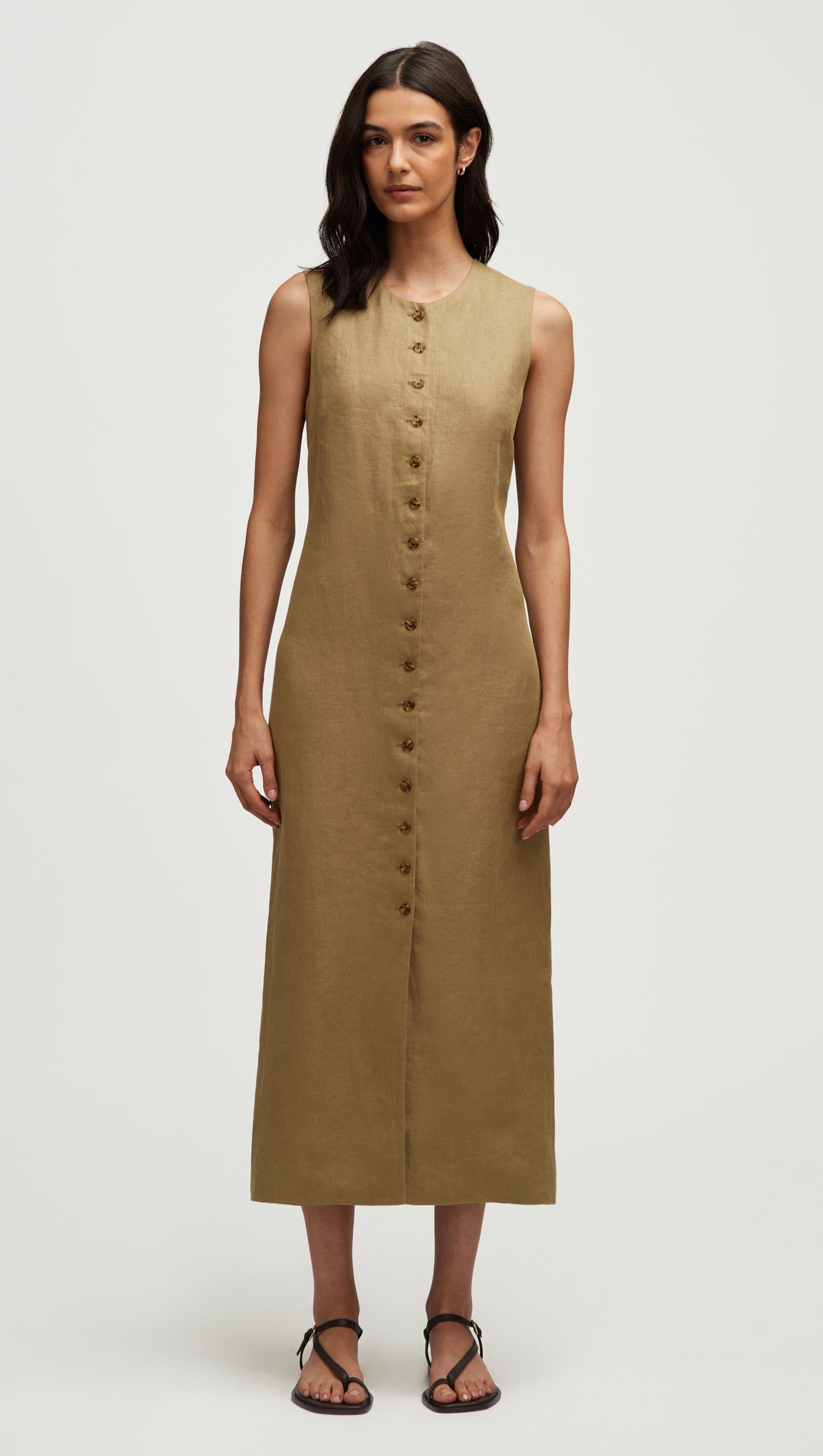 Button Dress in Basket Weave Linen | Fern