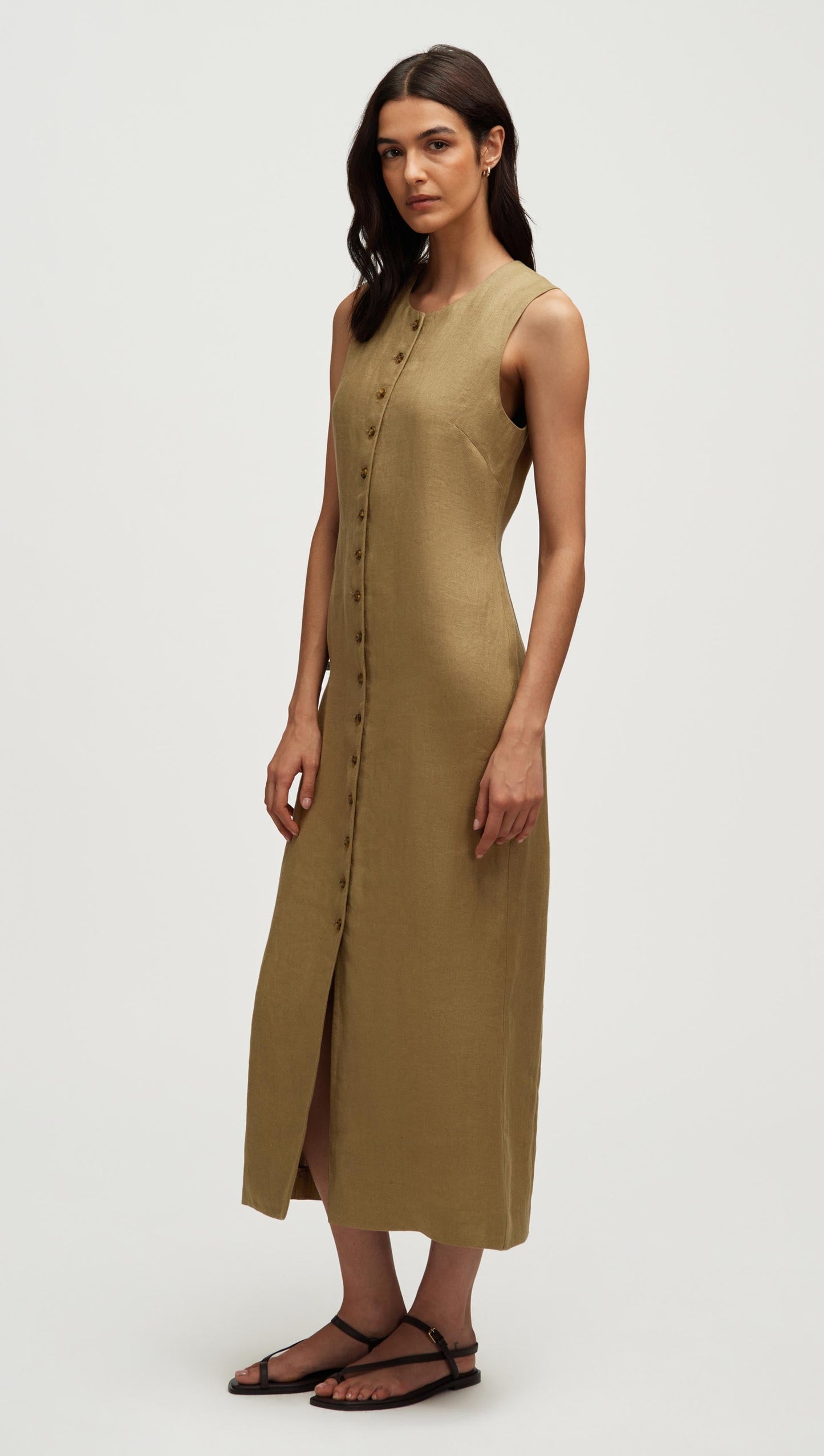 Button Dress in Basket Weave Linen | Fern