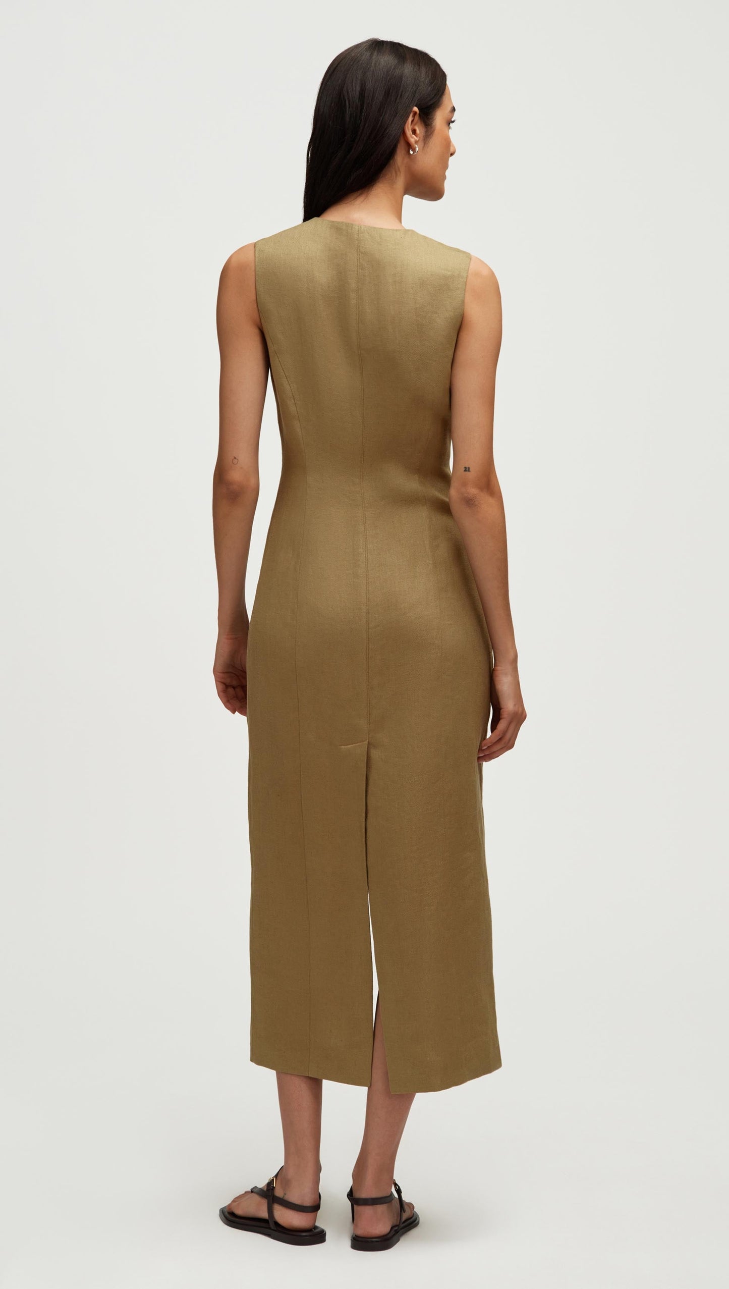 Button Dress in Basket Weave Linen | Fern