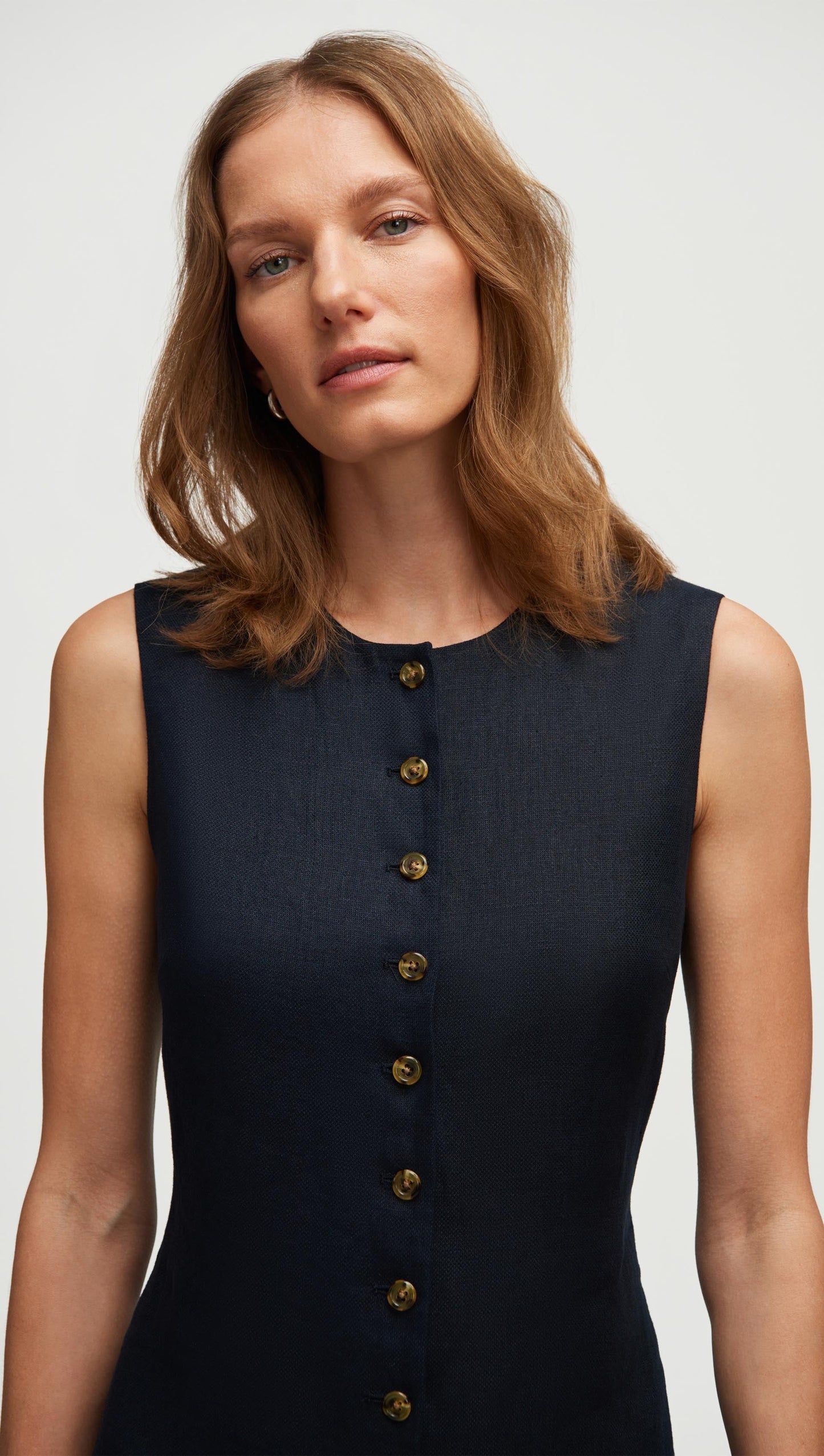 Button Dress in Basket Weave Linen | Midnight