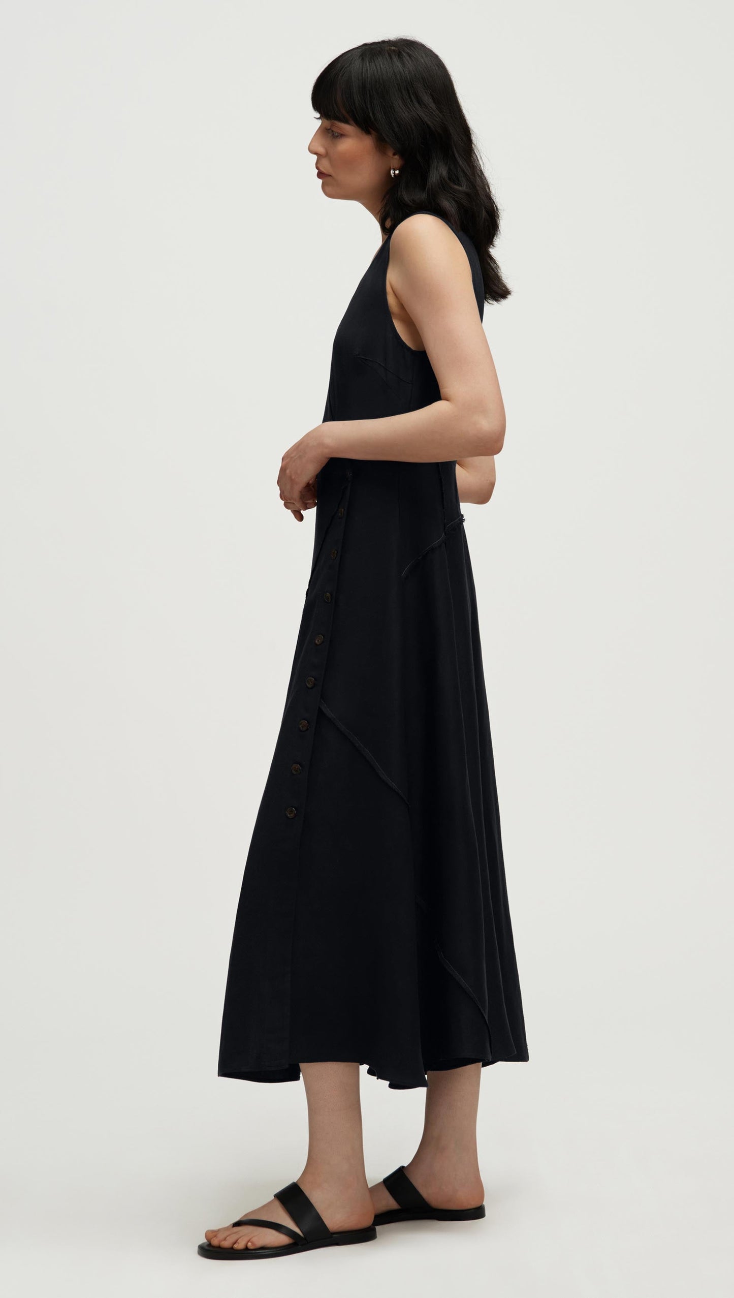 Patchwork Dress in Viscose Linen Twill | Black
