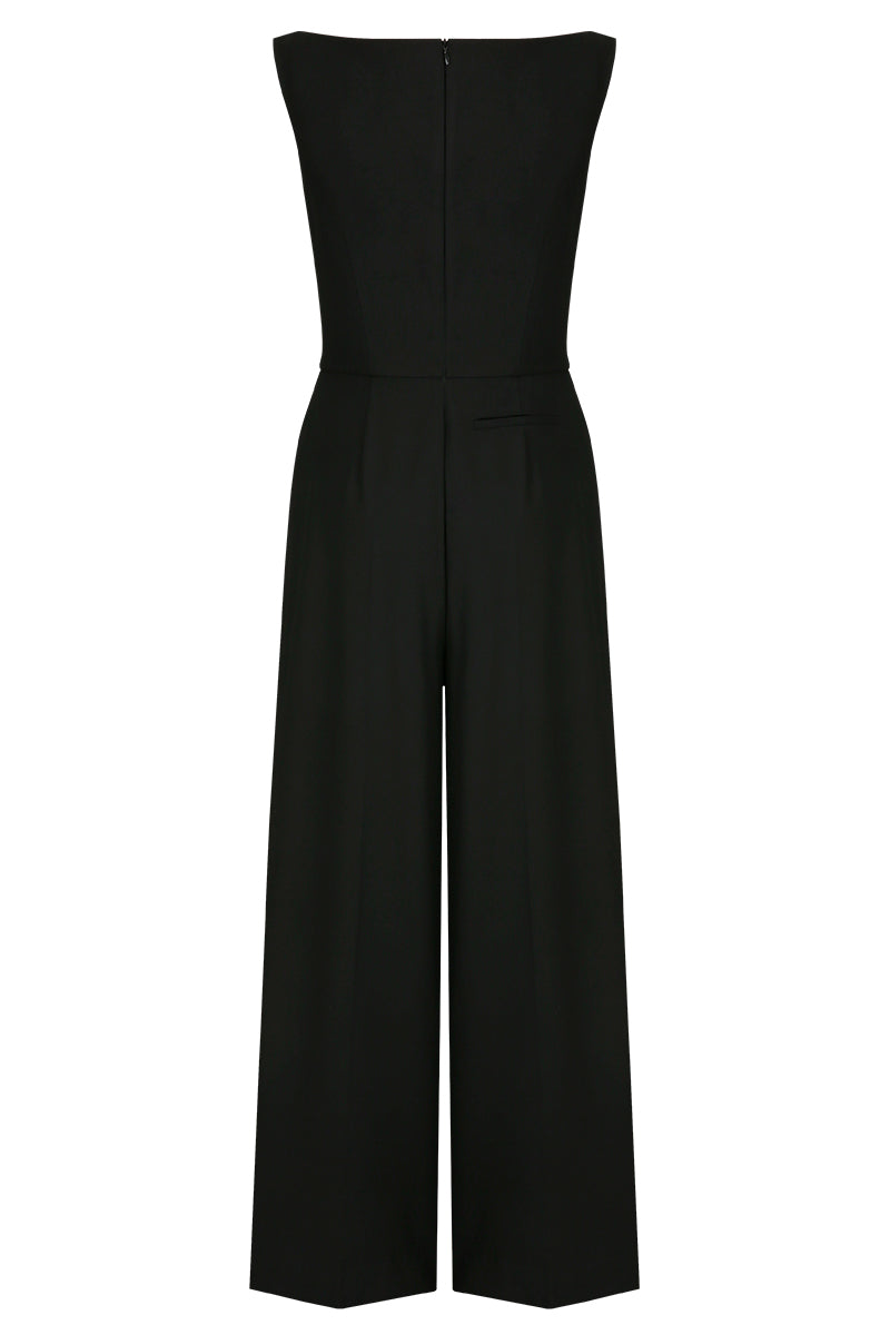 ASYMMETRIC-BECK SLEEVELESS JUMPSUIT IN BLACK
