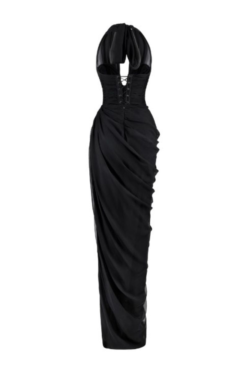 BLACK PLUNGE NECK CHIFFON GOWN