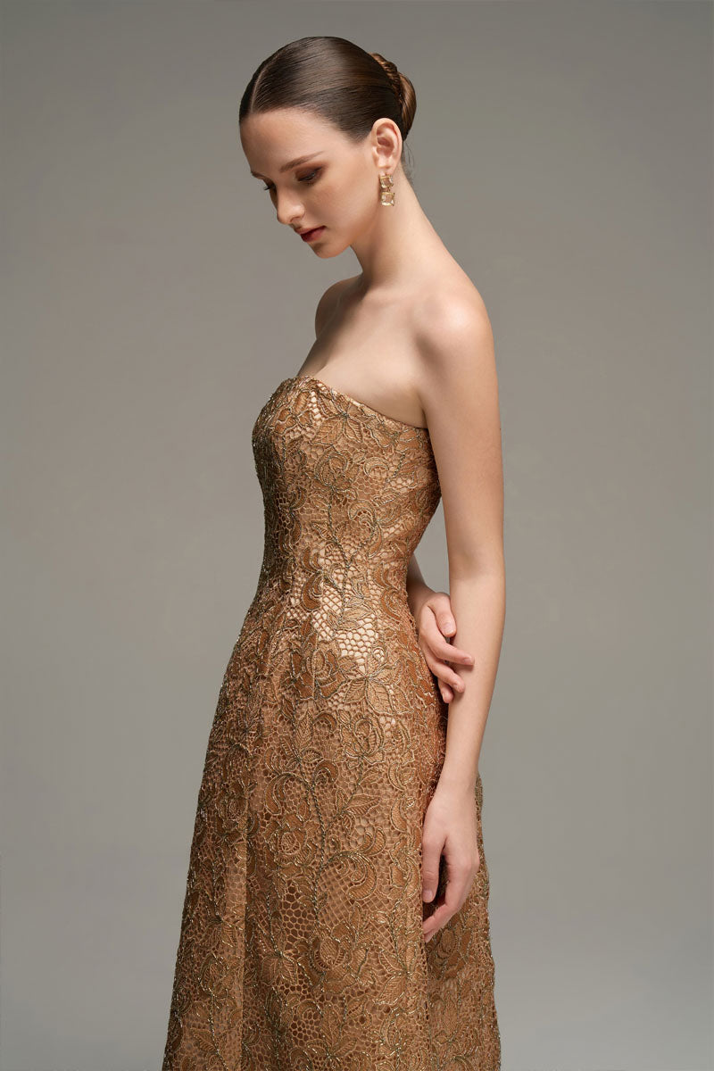 BUSTIER LACE MAXI DRESS IN BROWN
