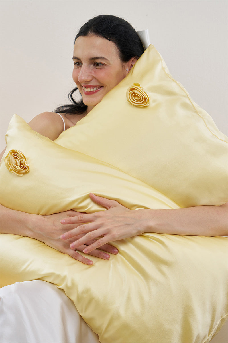 TUSCAN ROSE SILK PILLOWCASE IN YELLOW