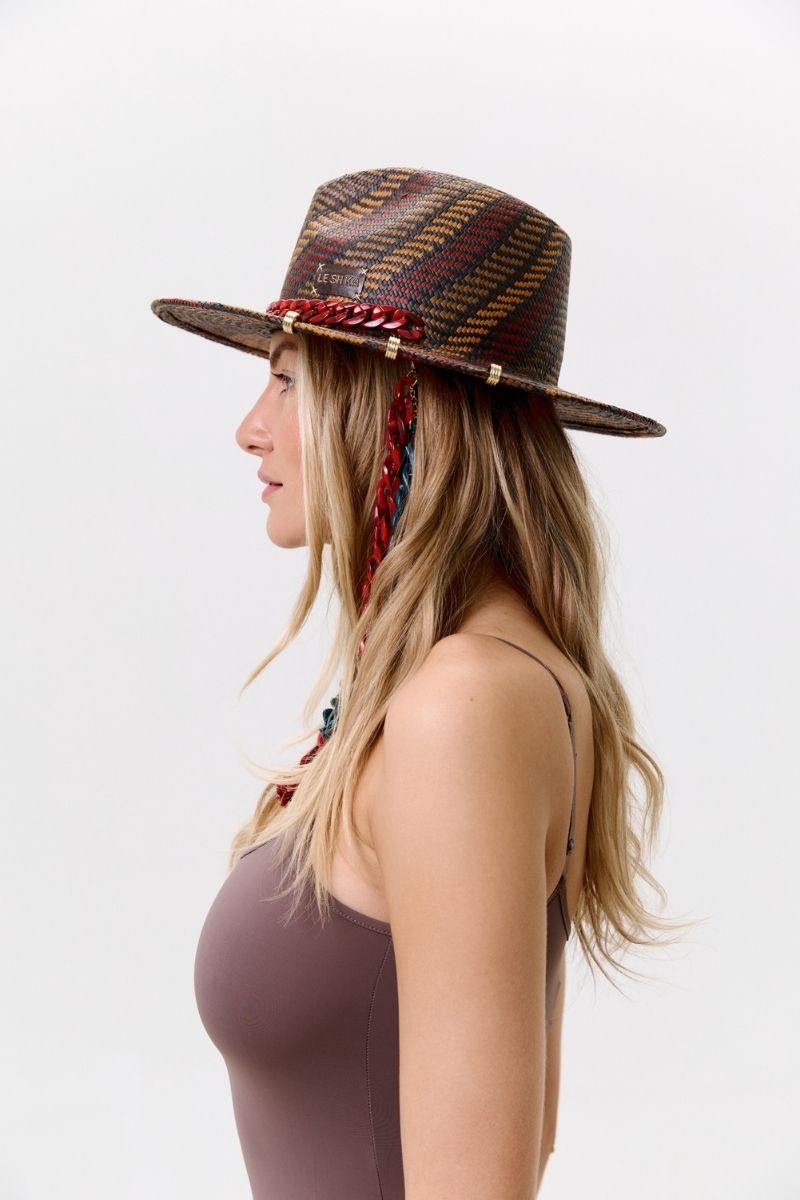 DOUBLE CHAIN RED AND TURQUOISE FEDORA