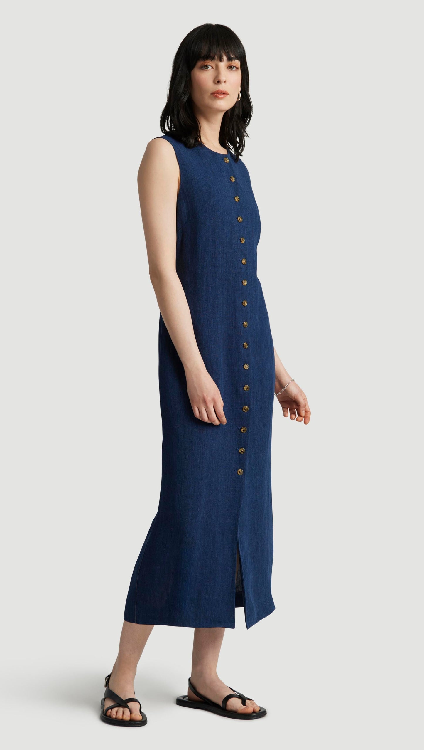 Button Dress in Linen | Denim