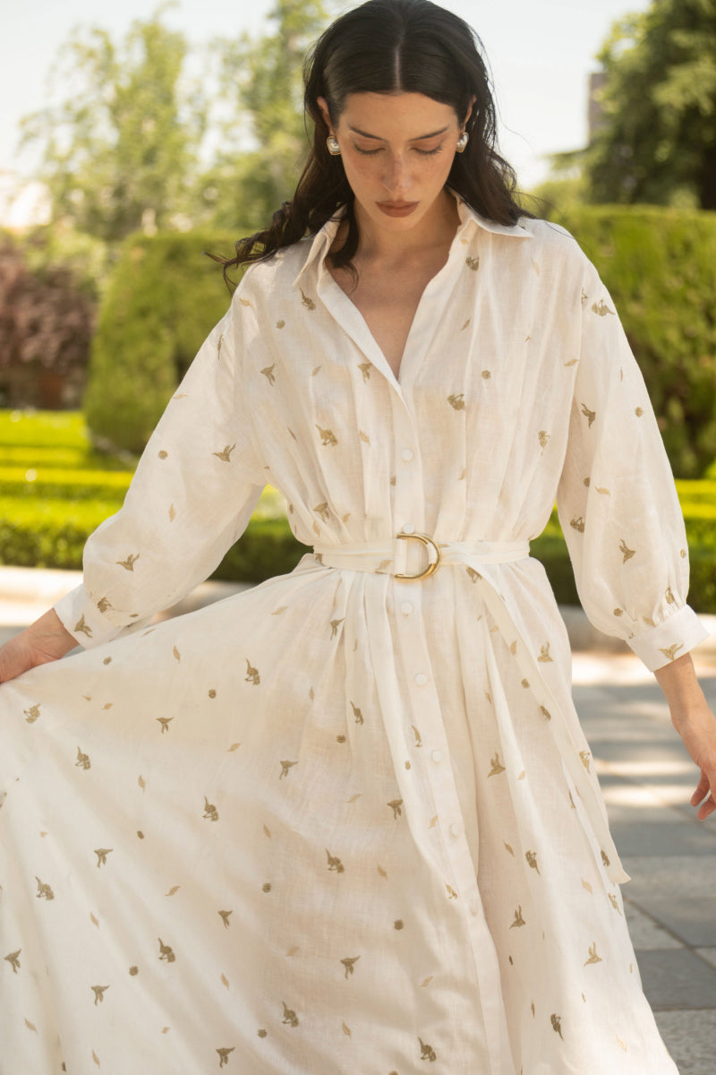 CAMELLIA AND LILIES SHIRT DRESS IN IVORY GOLD