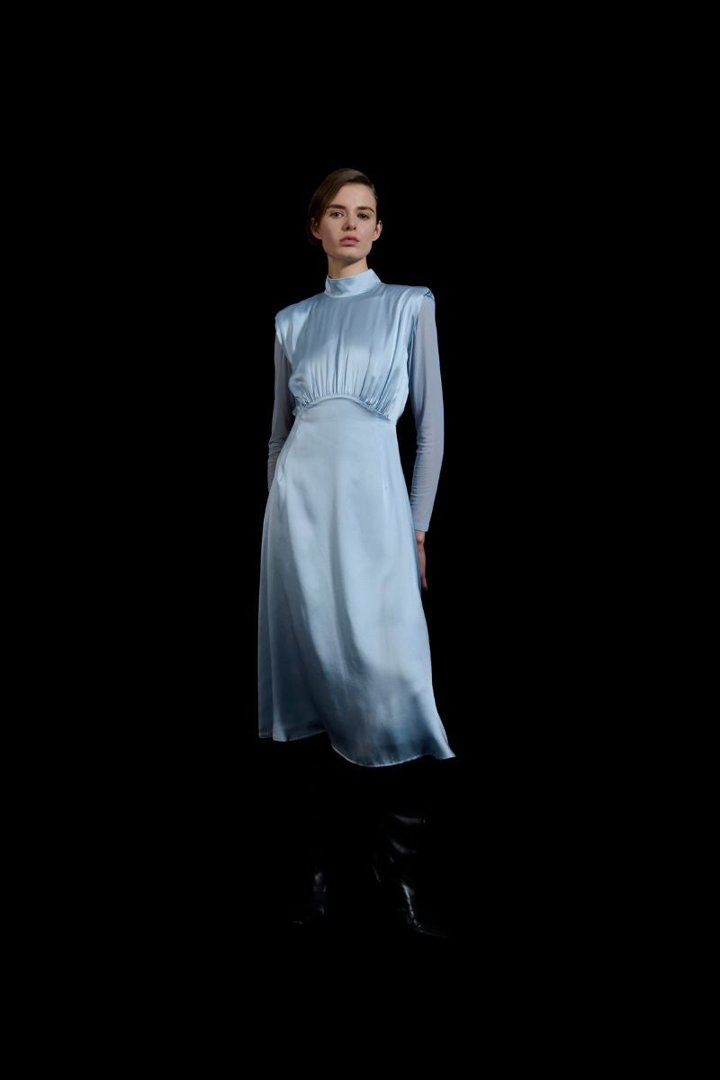 HIGH-NECK SILK DRESS IN BLUE