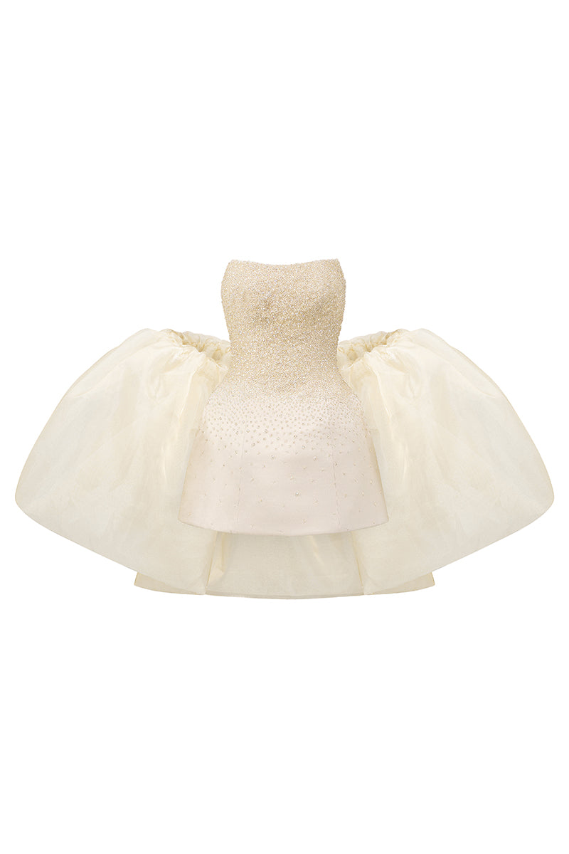 BUSTIER BEADED MINI DRESS IN BEIGE