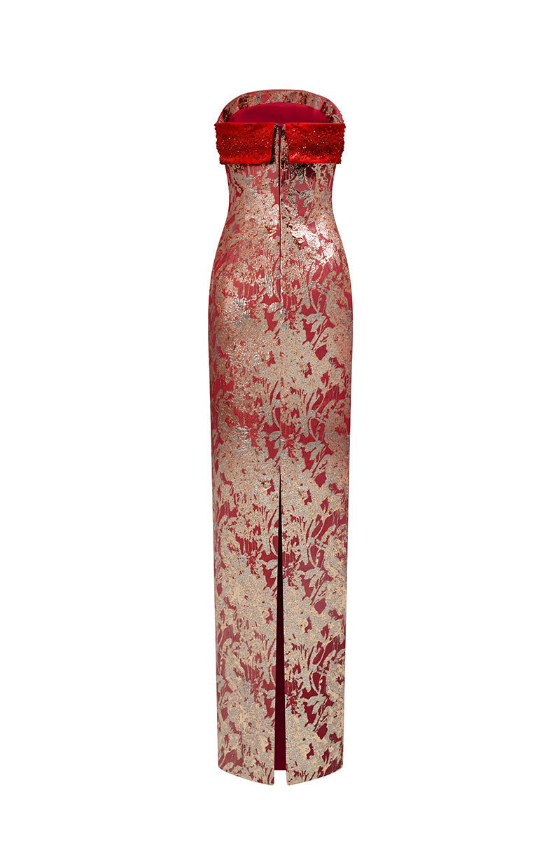 METALLIC JACQUARD AND SILK TAFFETA DRESS IN RED