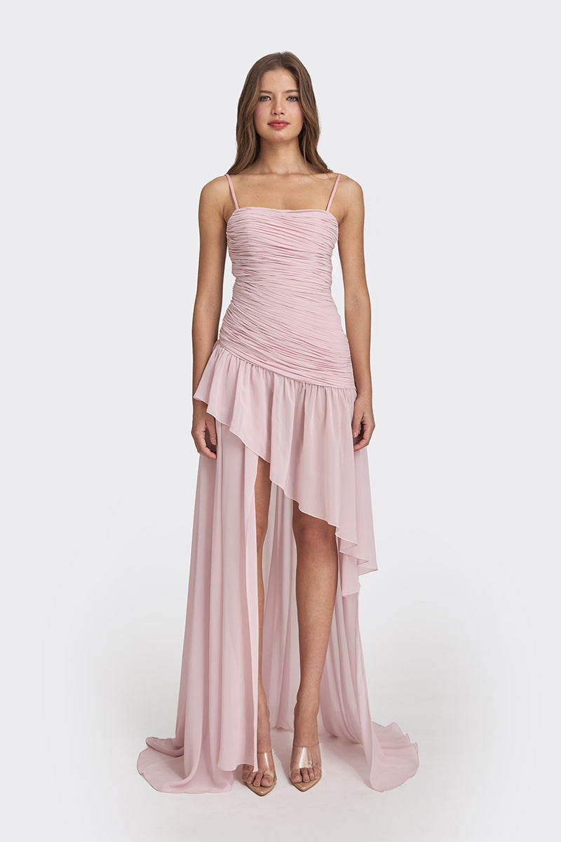 ASYMMETRIC DRAPED CHIFFON MINI DRESS IN DUSTY PINK