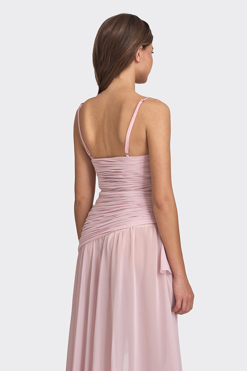 ASYMMETRIC DRAPED CHIFFON MINI DRESS IN DUSTY PINK