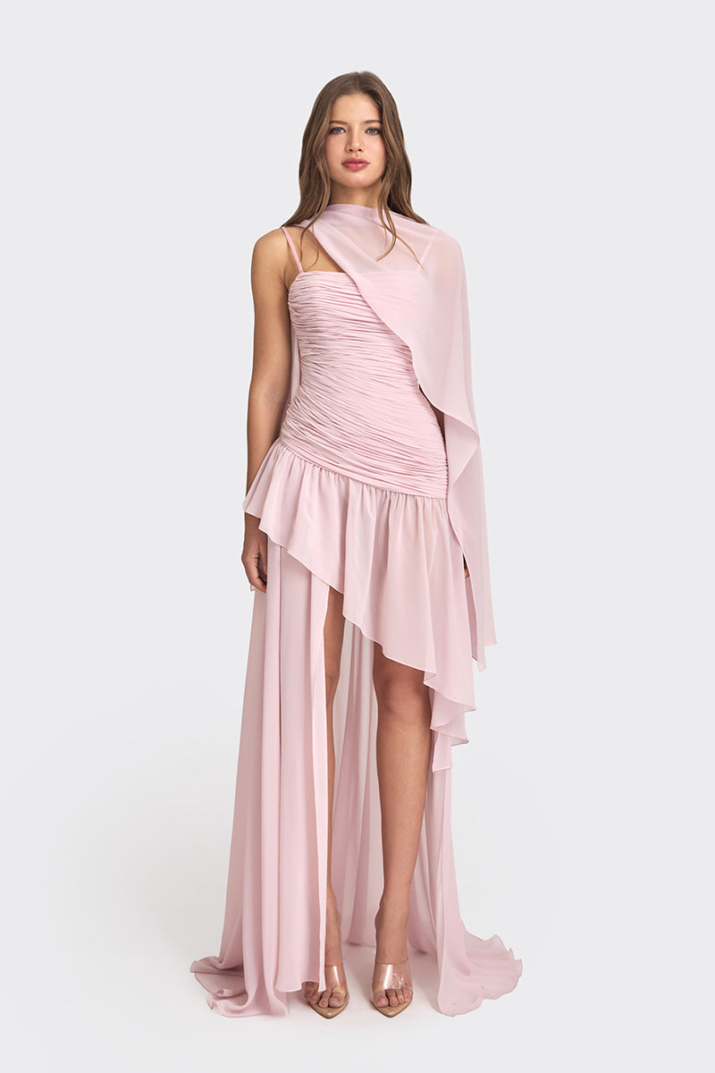 ASYMMETRIC DRAPED CHIFFON MINI DRESS IN DUSTY PINK