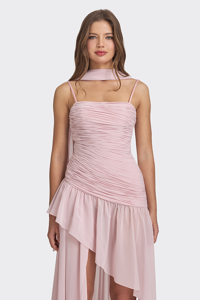 ASYMMETRIC DRAPED CHIFFON MINI DRESS IN DUSTY PINK