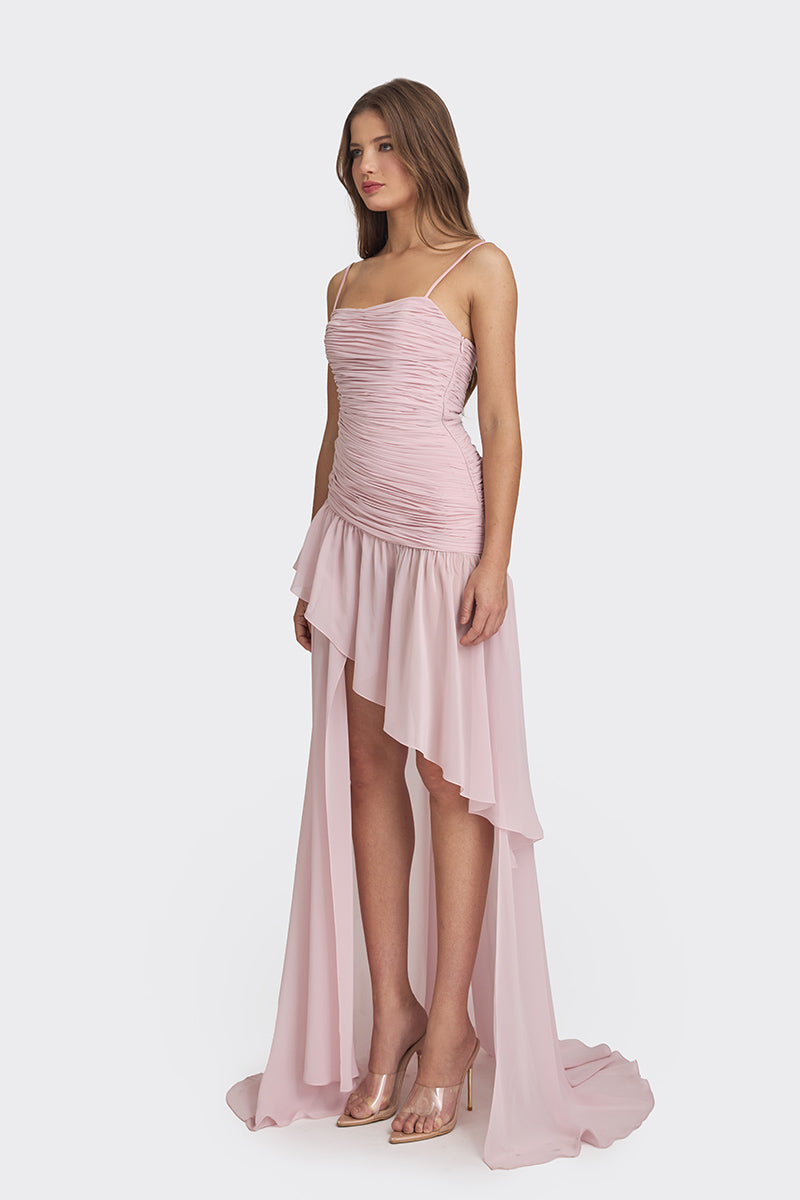 ASYMMETRIC DRAPED CHIFFON MINI DRESS IN DUSTY PINK