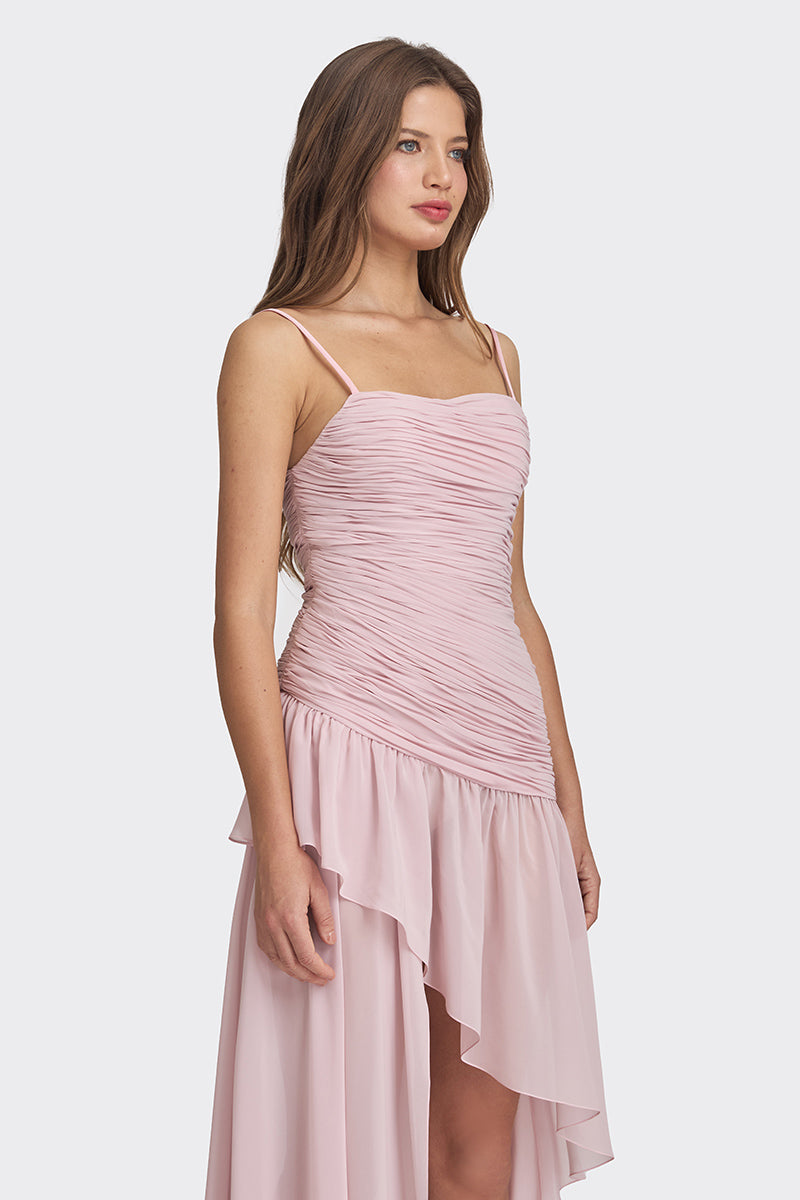 ASYMMETRIC DRAPED CHIFFON MINI DRESS IN DUSTY PINK