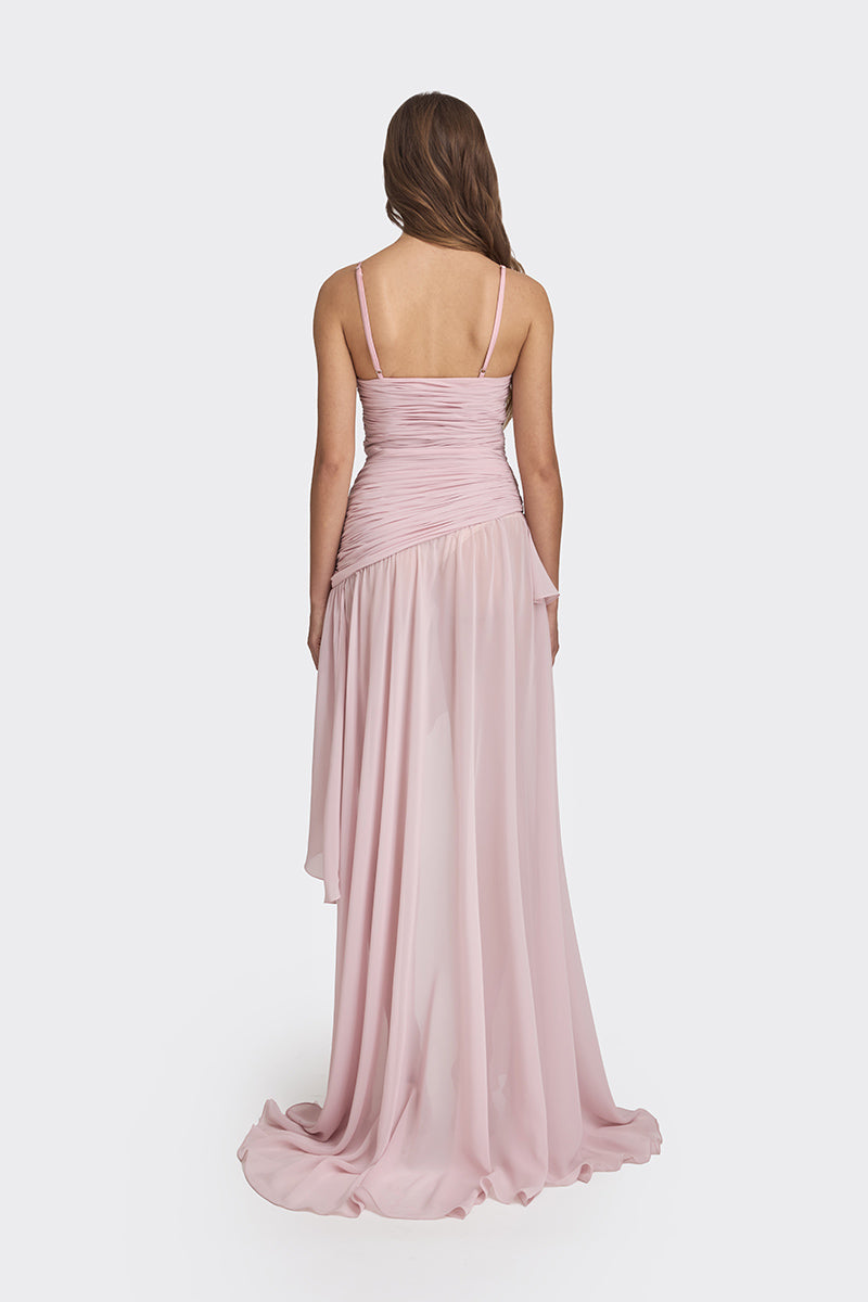 ASYMMETRIC DRAPED CHIFFON MINI DRESS IN DUSTY PINK