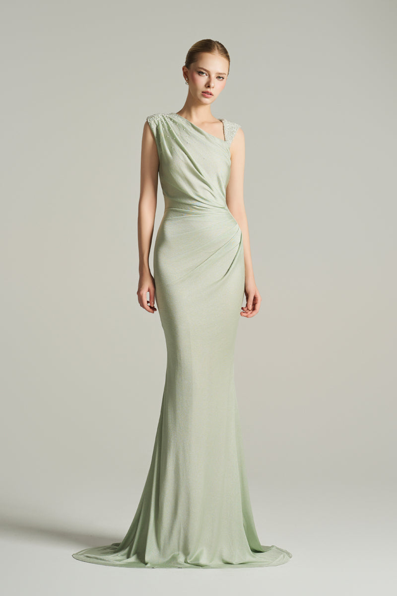 ASYMMETRIC NECKLINE GOWN IN MINT