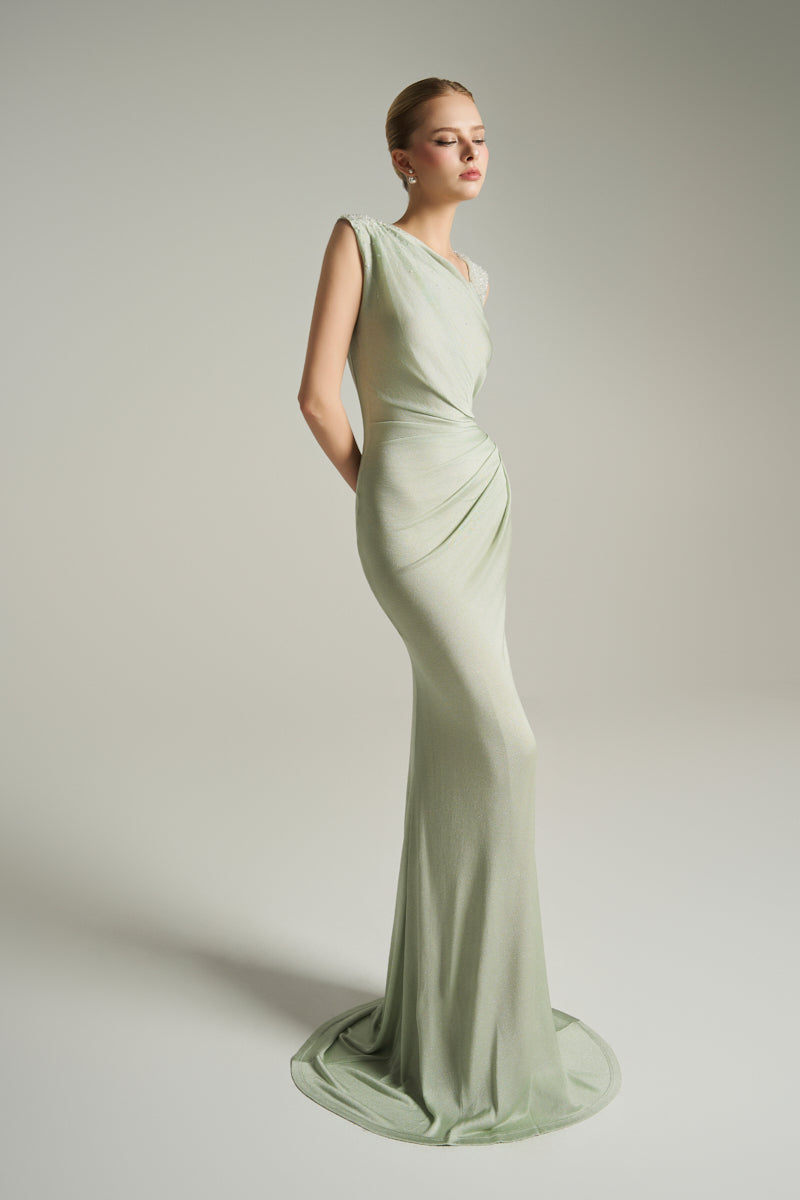 ASYMMETRIC NECKLINE GOWN IN MINT