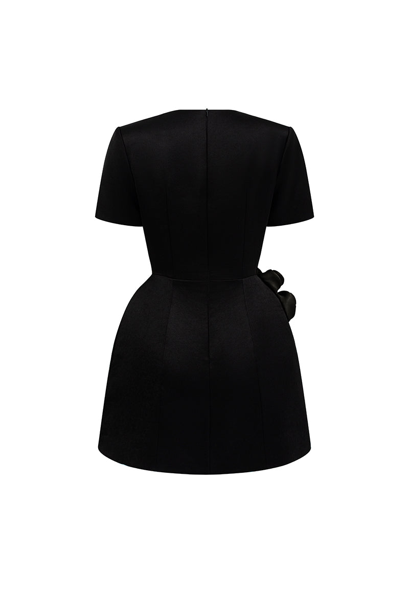 EMBROIDERED SHORT SLEEVE MINI DRESS IN BLACK