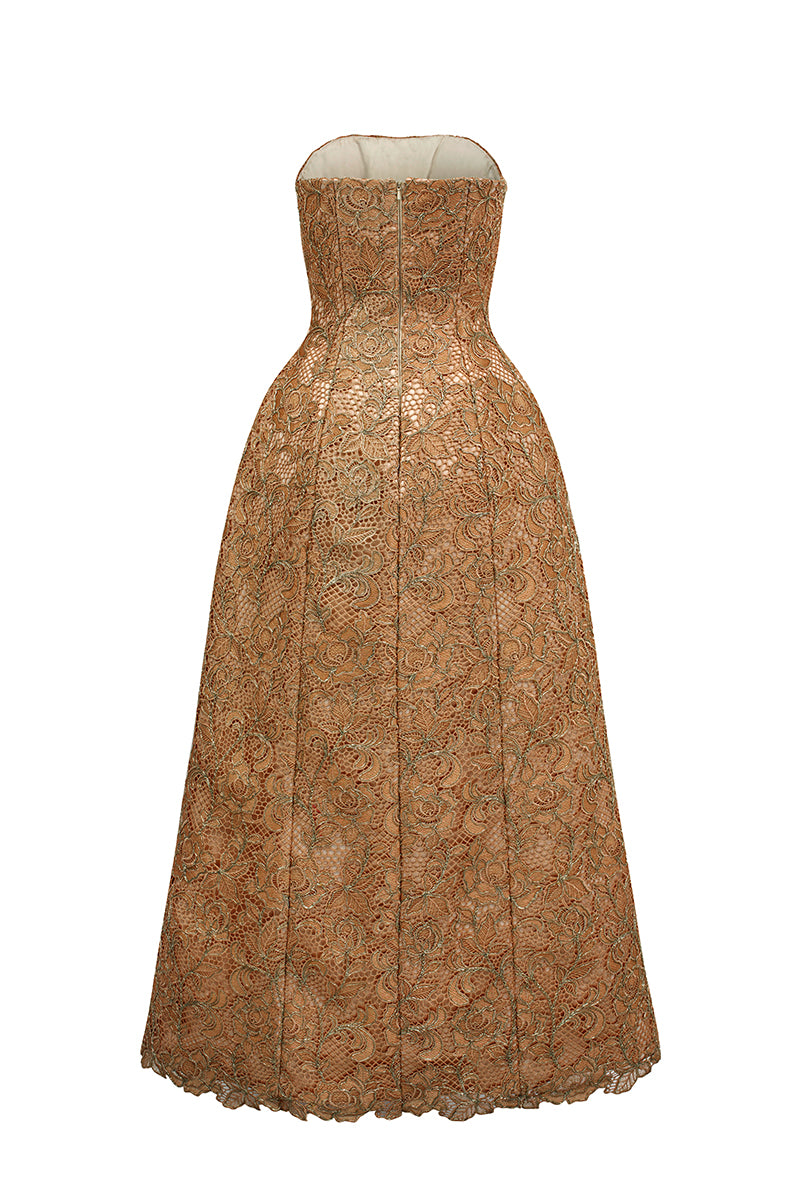 BUSTIER LACE MAXI DRESS IN BROWN