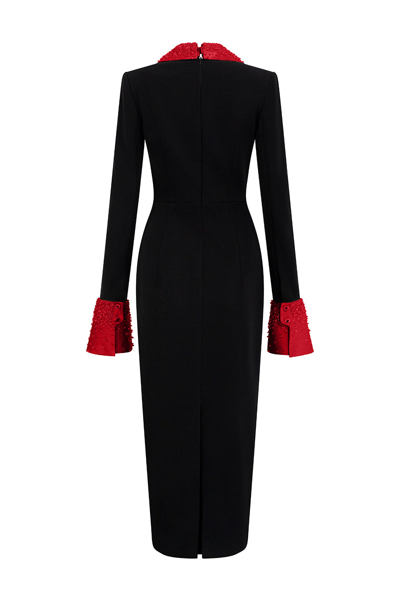V-NECK FLARED CUFF KNEE LENGTH DRESS IN BLACK AND RED