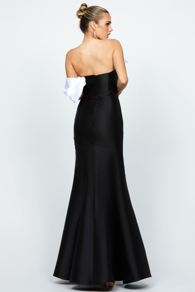 EMELY ONE SHOULDER RUFFLE GOWN IN BLACK AND WHITE