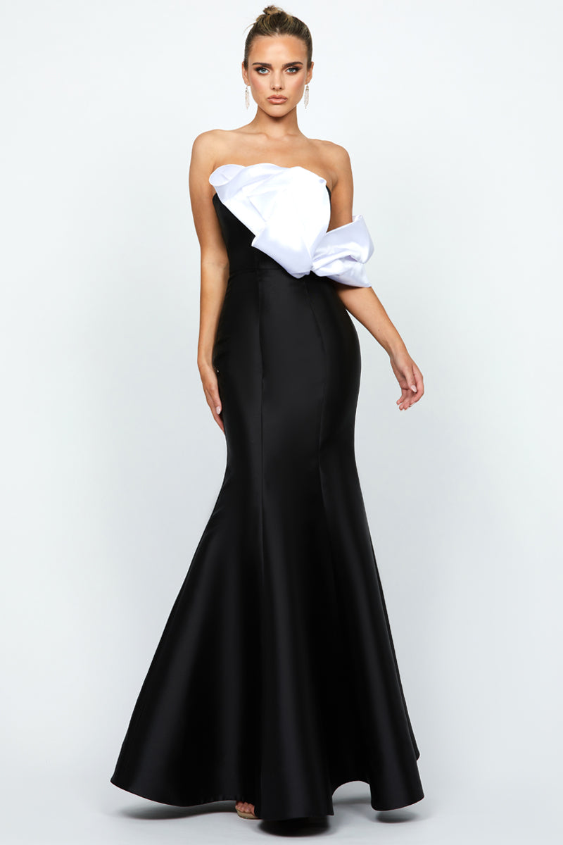 EMELY ONE SHOULDER RUFFLE GOWN IN BLACK AND WHITE