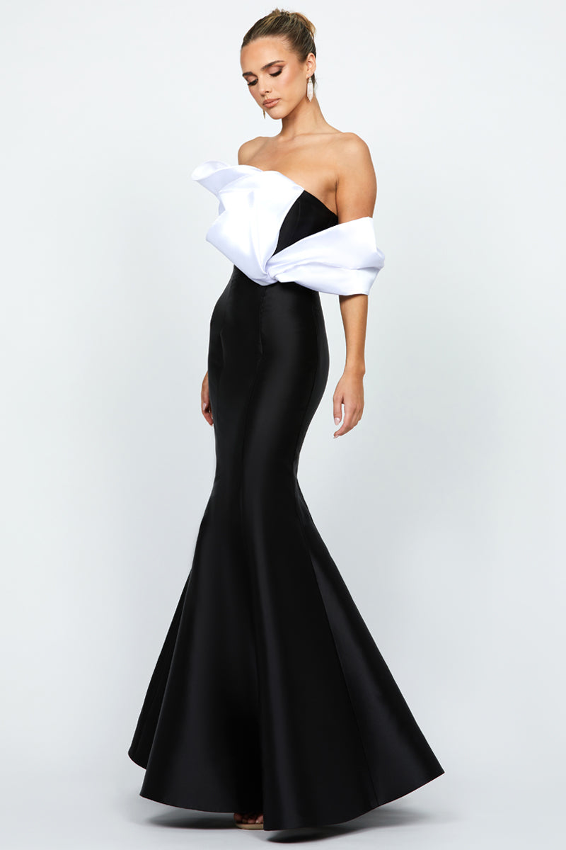 EMELY ONE SHOULDER RUFFLE GOWN IN BLACK AND WHITE
