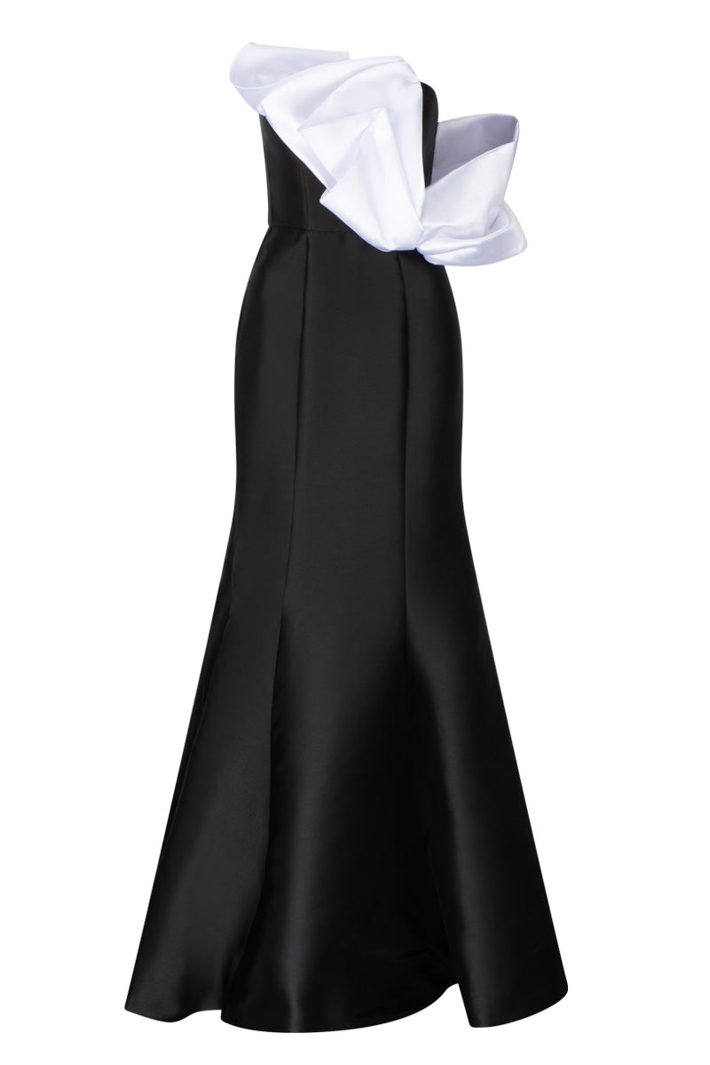 EMELY ONE SHOULDER RUFFLE GOWN IN BLACK AND WHITE