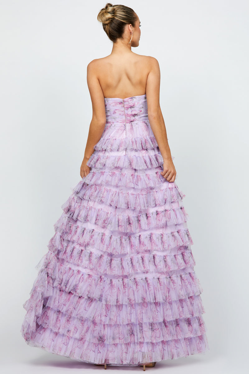 HARMONI STRAPLESS TIERED BALL GOWN IN LILAC PRINT